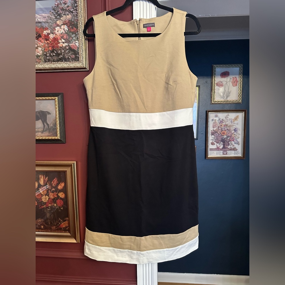 Vince Camuto Knit Sheath Wiggle Color Block Dress Size 12 Black Tan Cream